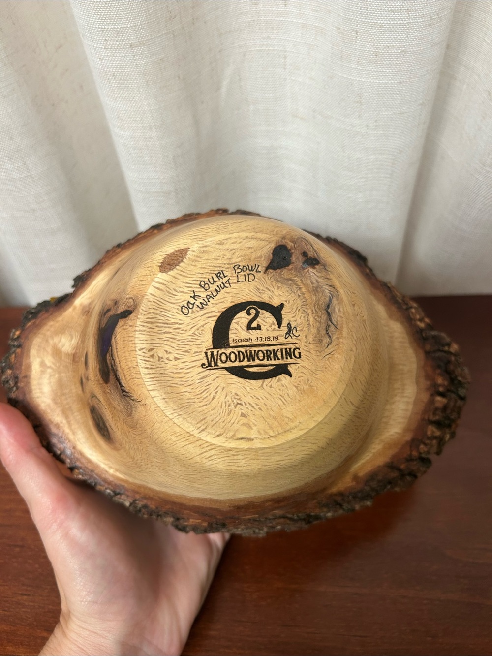 Handcrafted Oak Burl Bowl with Walnut Lid Live Edge Artisan Woodworking Decor - Picture 8 of 10